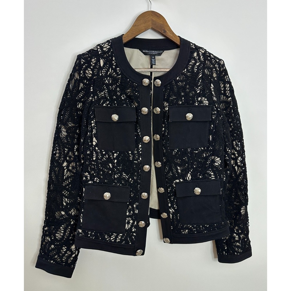 White House Black Market Stylist Jacket Black Floral Lace Crest Button Size 10 - Picture 3 of 12